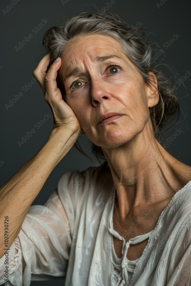 A woman with a serious expression holding her head in pain. AI. A woman with a serious expression holding her head in pain. AI.