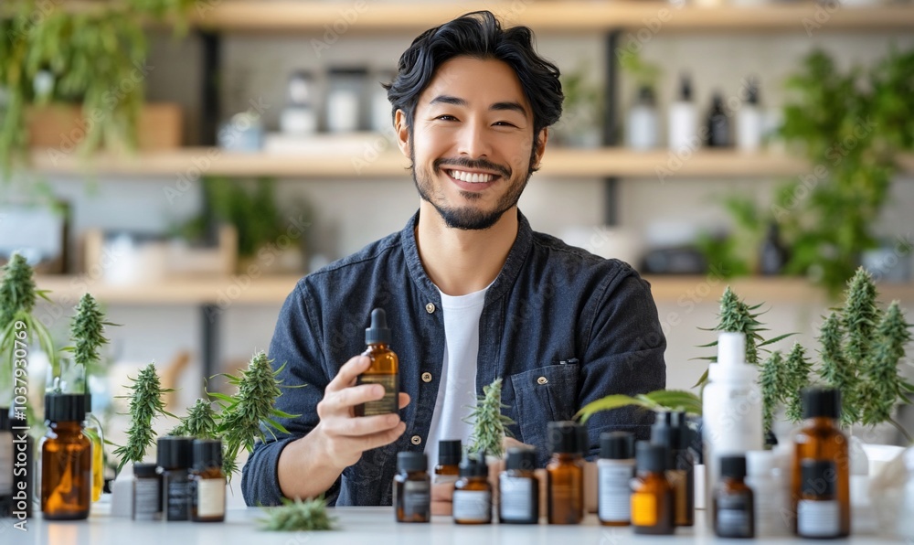 A smiling Asian man holds a bottle of CBD oil in his hands. There are many other bottles of oil, as well as cannabis plants in the background. A smiling Asian man holds a bottle of CBD oil in his hands. There are many other bottles of oil, as well as cannabis plants in the background.