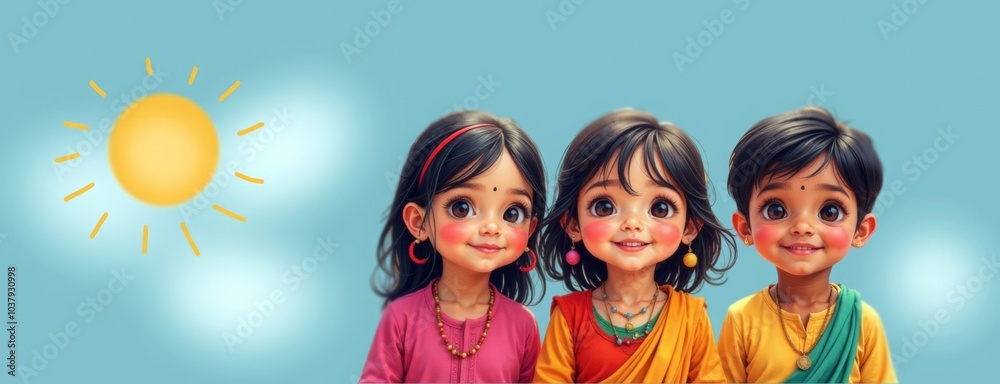 Happy Bal Diwas greeting card. Children's Day in India. Cute children on blue sky background. Holiday banner. Copy space. Happy Bal Diwas greeting card. Children's Day in India. Cute children on blue sky background. Holiday banner. Copy space.