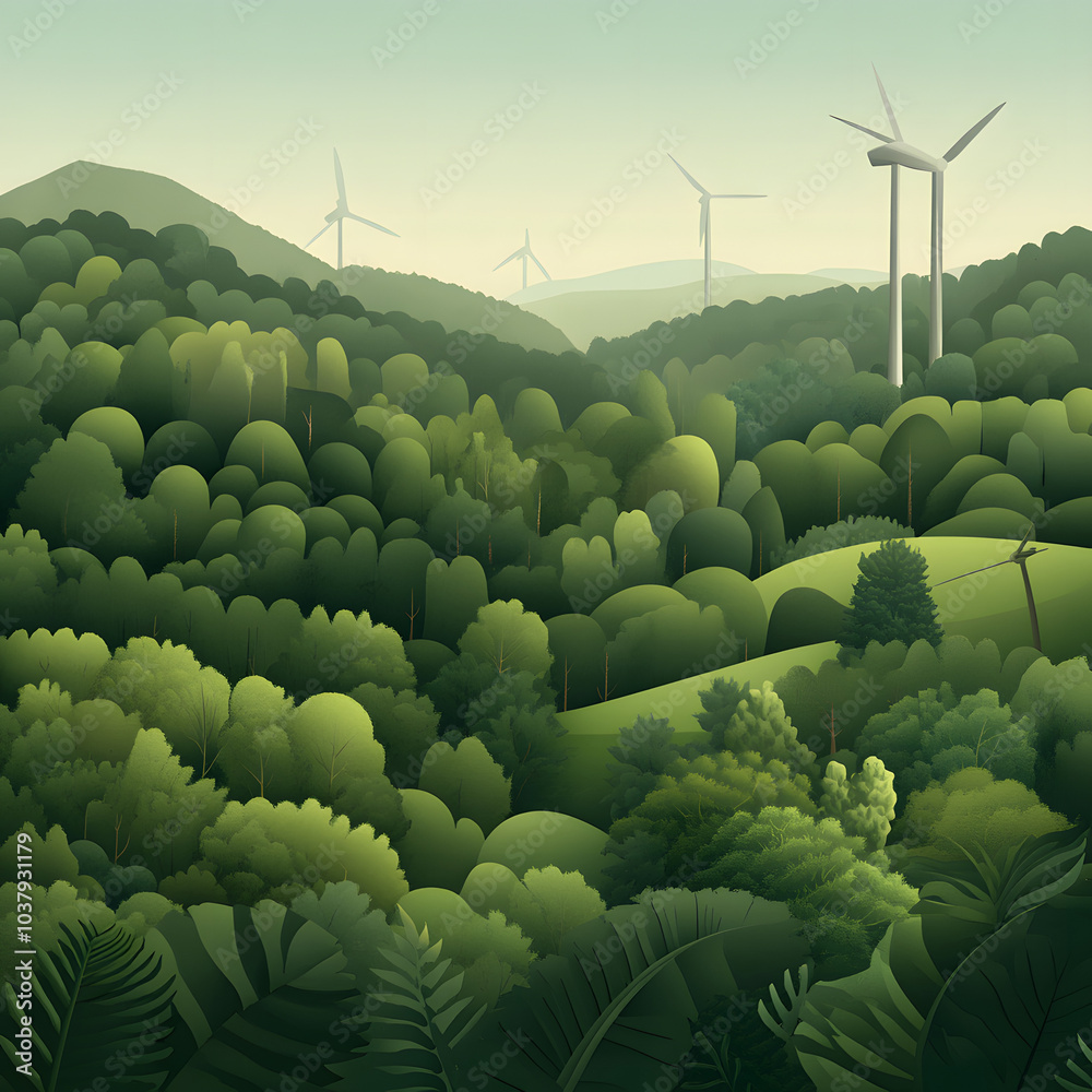 Obraz premium Green Forest Landscape with Wind Turbines and Rolling Hills