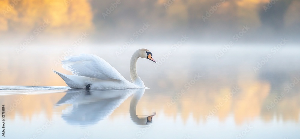 A solitary swan glides serenely through a misty lake, its reflection mirroring the peacefulness of the morning.
