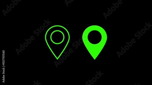 Neon glowing location icon. location pin linear icon. GPS location pointer animated icon. signal and location pin point marker	