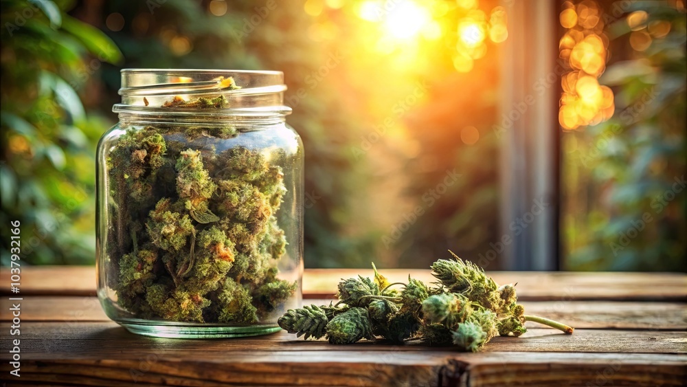 A glass jar filled with dried green plant matter sits on a wooden surface, a handful of the same plant rests beside it, the sun shines through the leaves behind them, casting a warm glow. A glass jar filled with dried green plant matter sits on a wooden surface, a handful of the same plant rests beside it, the sun shines through the leaves behind them, casting a warm glow.