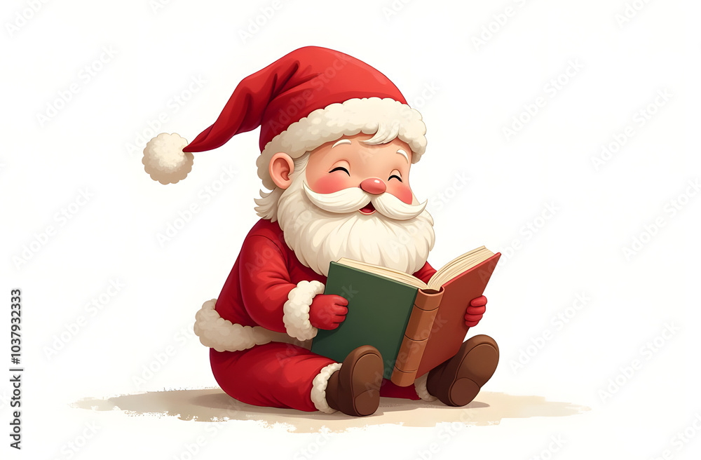 Santa Claus in a red suit joyfully reading a book. Cute holiday illustration perfect for Christmas designs. Cozy festive character ideal for seasonal decorations and winter scenes.