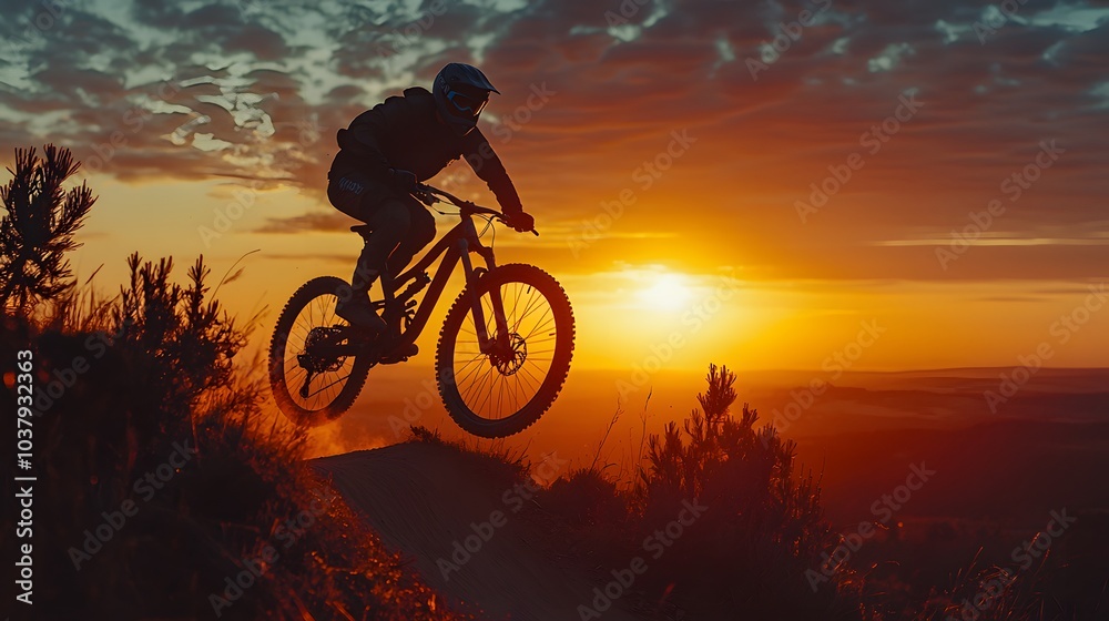 Fototapeta premium Biker Silhouette in Air at Sunset