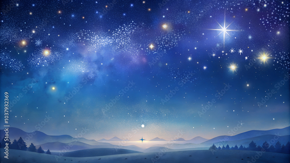 Fototapeta premium Día de los Reyes Starry Night Background, Soft Stars Glowing in a Deep Indigo Sky with Gentle Landscape Below, Suggesting Peacefulness and Wonder of Holiday’s Nighttime Celebrations