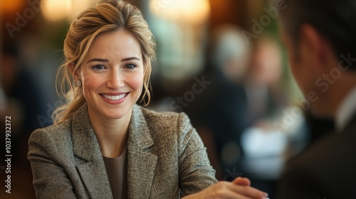 Fototapeta Naklejka Na Ścianę i Meble -  Successful Businesswoman Closing Deals and Hiring Recruits at Office Meeting