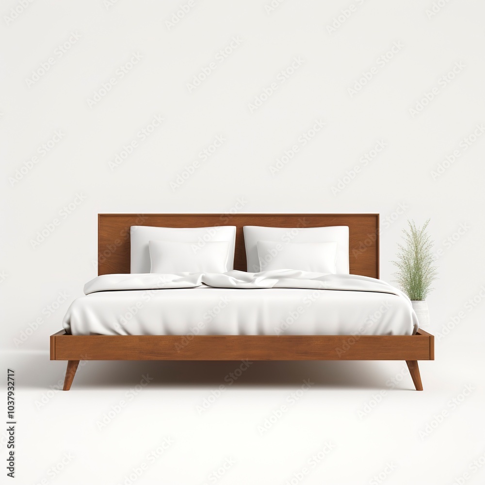 A modern platform bed, sleek wooden frame, minimalist design, white linens, isolated on white background A modern platform bed, sleek wooden frame, minimalist design, white linens, isolated on white background