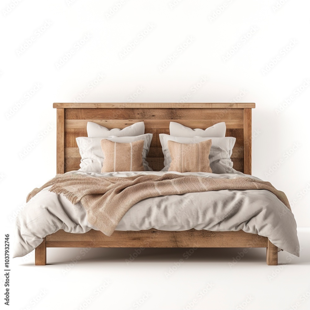 A rustic wooden bed, farmhouse style, natural finish, cozy bedding, isolated on white background A rustic wooden bed, farmhouse style, natural finish, cozy bedding, isolated on white background