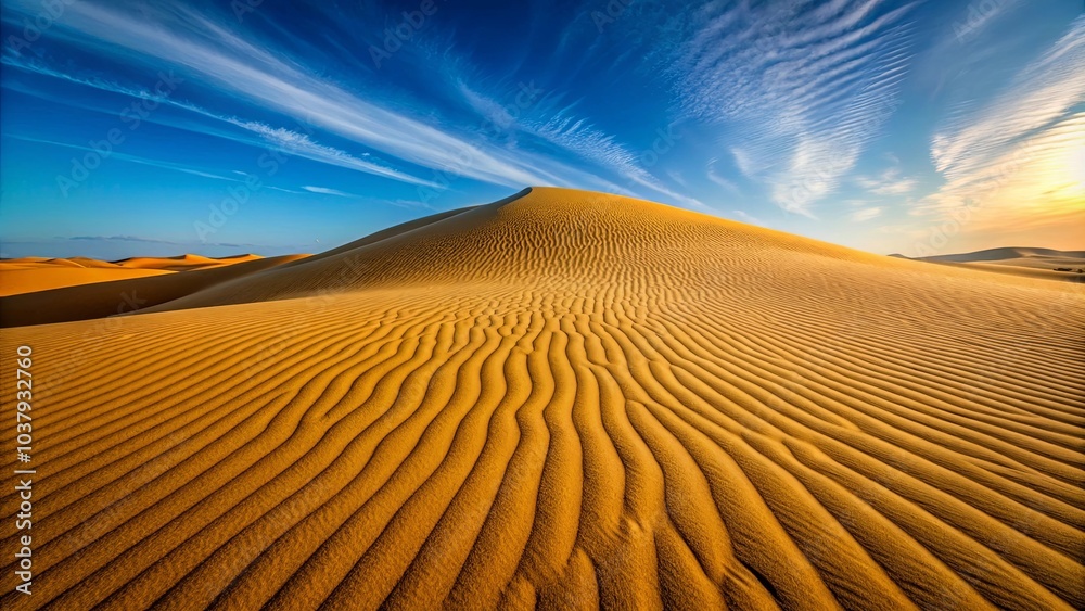 Naklejka premium Golden Sands Under a Serene Sky, a View of Undulating Waves of Sand, a Breathtaking Desert Landscape