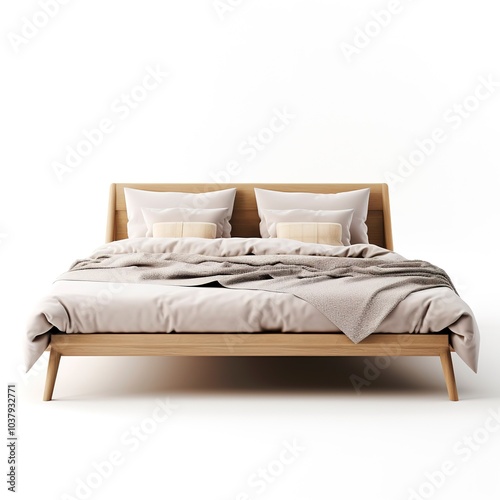 A Scandinavian-style bed, light wood frame, simple design, neutral bedding, isolated on white background 