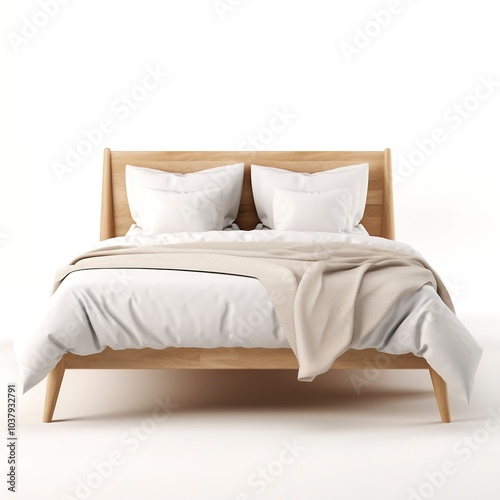 A Scandinavian-style bed, light wood frame, simple design, neutral bedding, isolated on white background