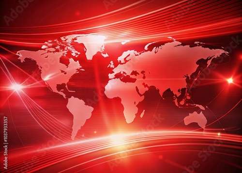 Showcasing a world map with vibrant lighting lines, this abstract red news background offers an engaging design for