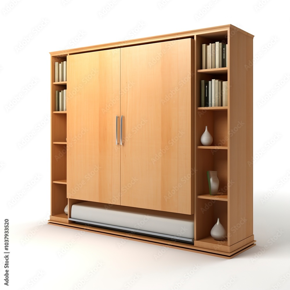A foldable Murphy bed, space-saving design, hidden in wall unit, isolated on white background A foldable Murphy bed, space-saving design, hidden in wall unit, isolated on white background