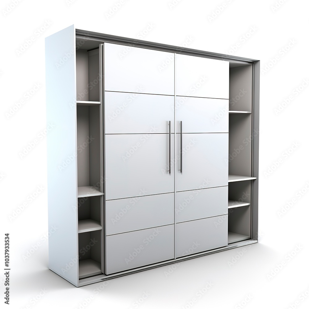 A foldable Murphy bed, space-saving design, hidden in wall unit, isolated on white background A foldable Murphy bed, space-saving design, hidden in wall unit, isolated on white background