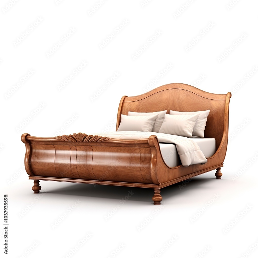 An elegant sleigh bed, curved wooden frame, traditional design, luxury bedding, isolated on white background 