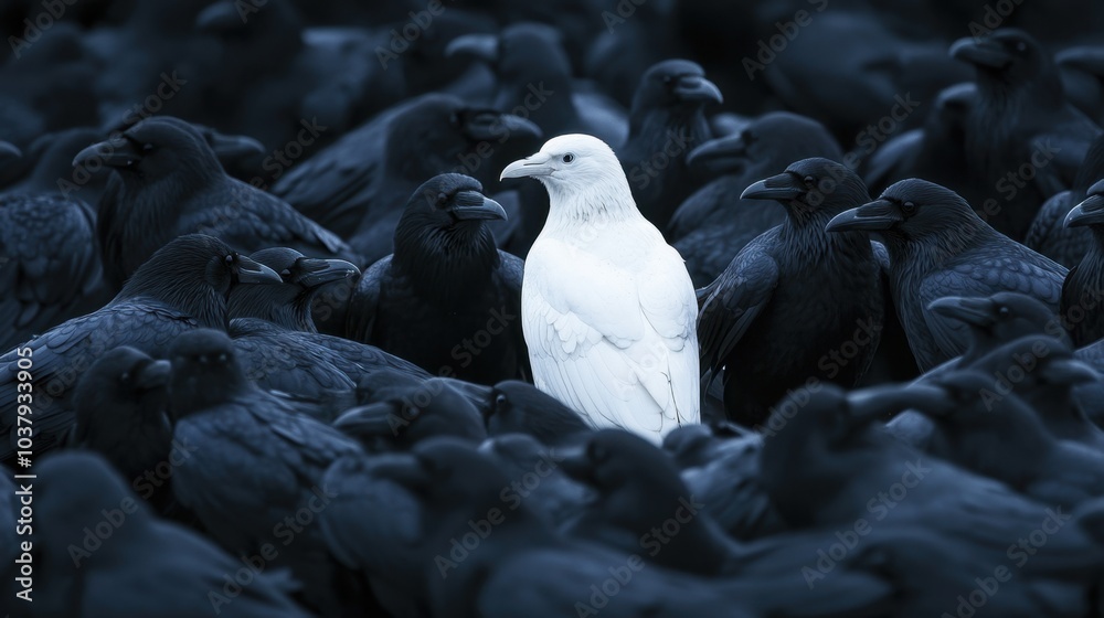 Fototapeta premium A lone white crow surrounded by black crows, symbolizing being different or the black sheep concept in societal contexts.
