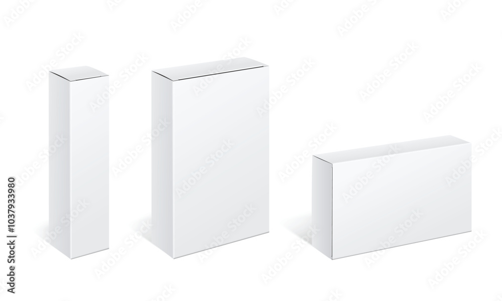 Set Of Packaging Rectangular Boxes Mockups, Side View, Isolated On White Background. Vector Illustration