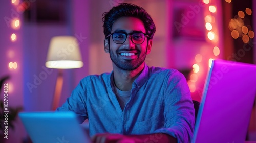 Obraz na płótnie Cheerful Indian Professional Working on Laptop in Home Office and Student Engaged in Remote Study with Computer - Stock Photo w salonie