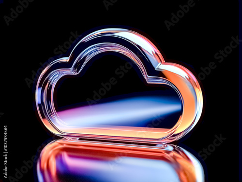 Cloud icon. A sleek, transparent glass cloud sculpture reflecting vibrant neon lights in shades of blue, orange, and purple, set against a dark background. photo