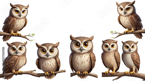 Wallpaper Mural Illustration of Owls with different poses on white background Torontodigital.ca