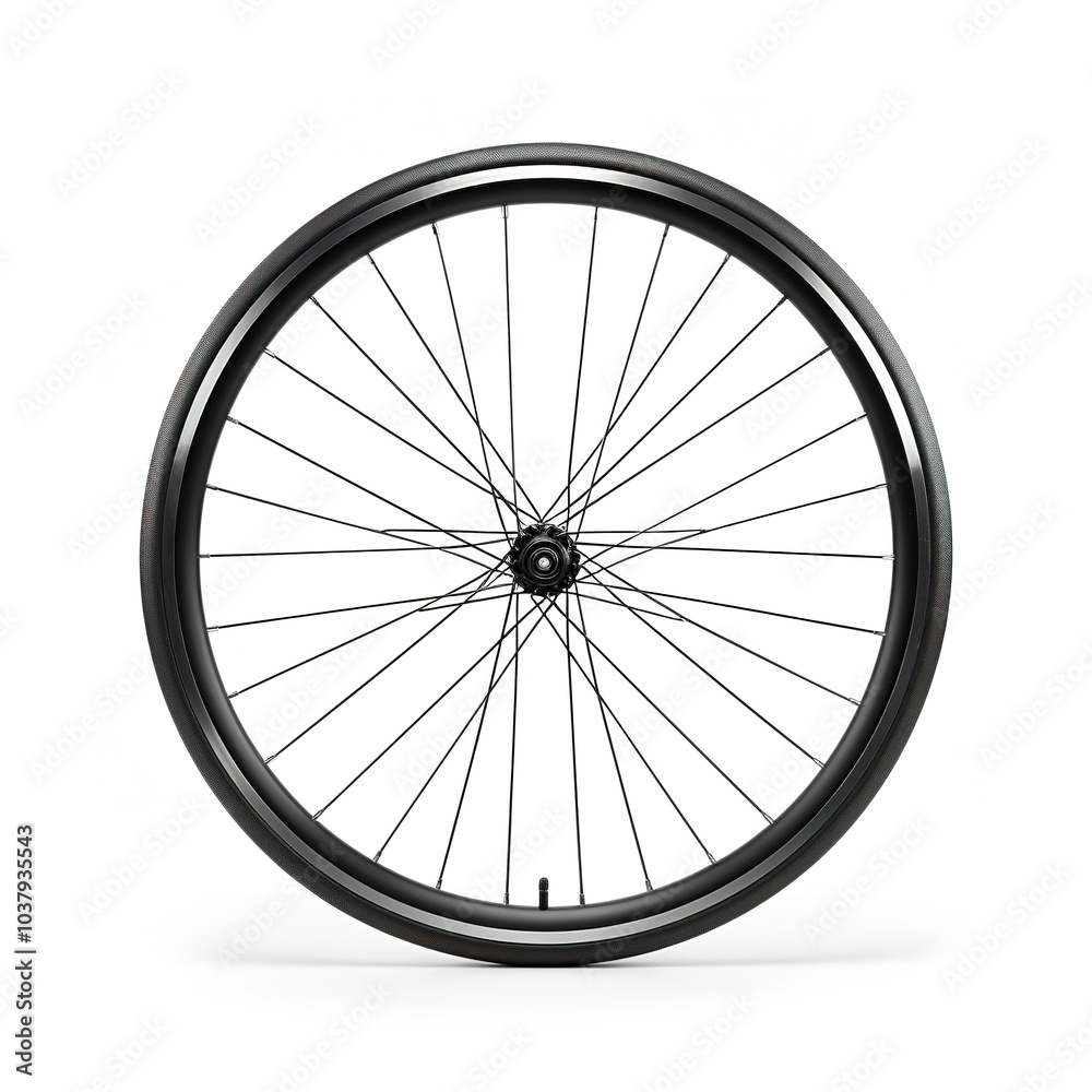 A bicycle wheel, thin metal spokes, rubber tire, minimalist design, isolated on white background A bicycle wheel, thin metal spokes, rubber tire, minimalist design, isolated on white background