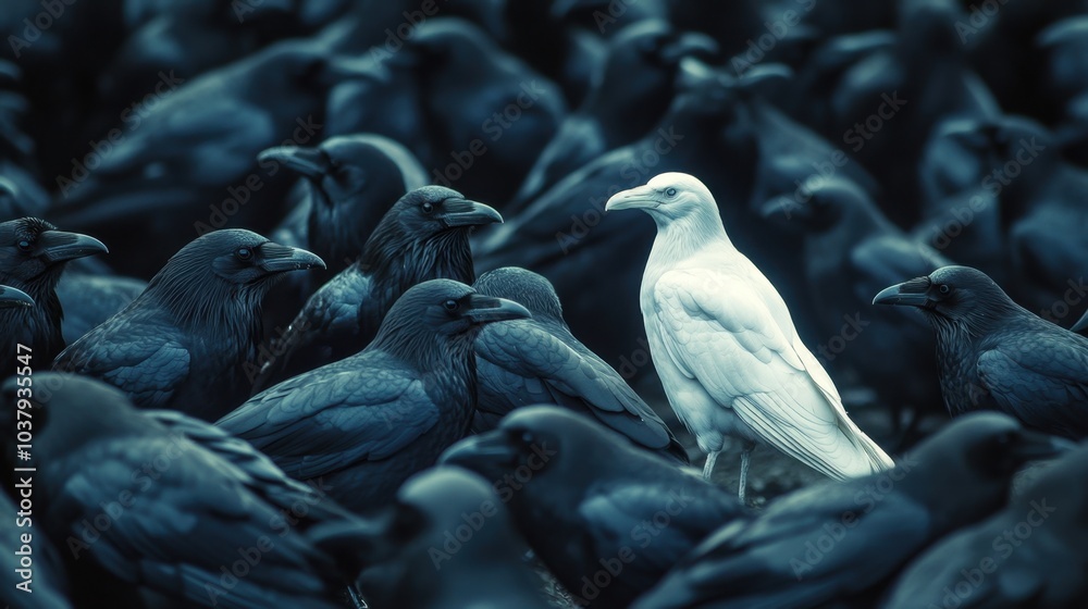 Fototapeta premium A white crow stands out among a flock of black crows, representing individuality and uniqueness in a world of conformity.