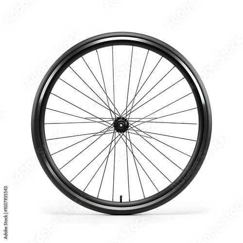 A bicycle wheel, thin metal spokes, rubber tire, minimalist design, isolated on white background 