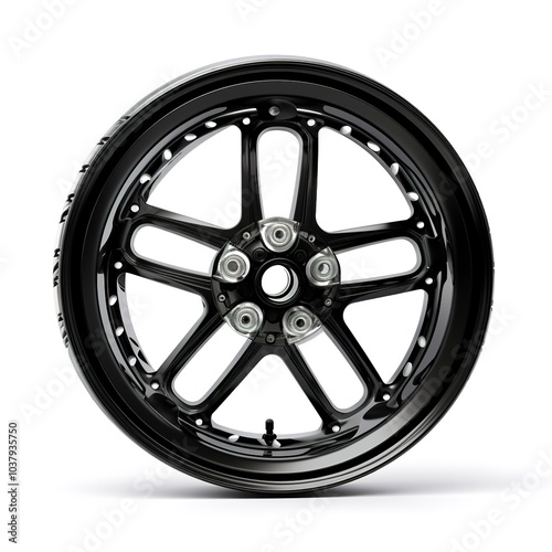 A motorcycle wheel, black rubber with chrome spokes, sleek and stylish, isolated on white background 