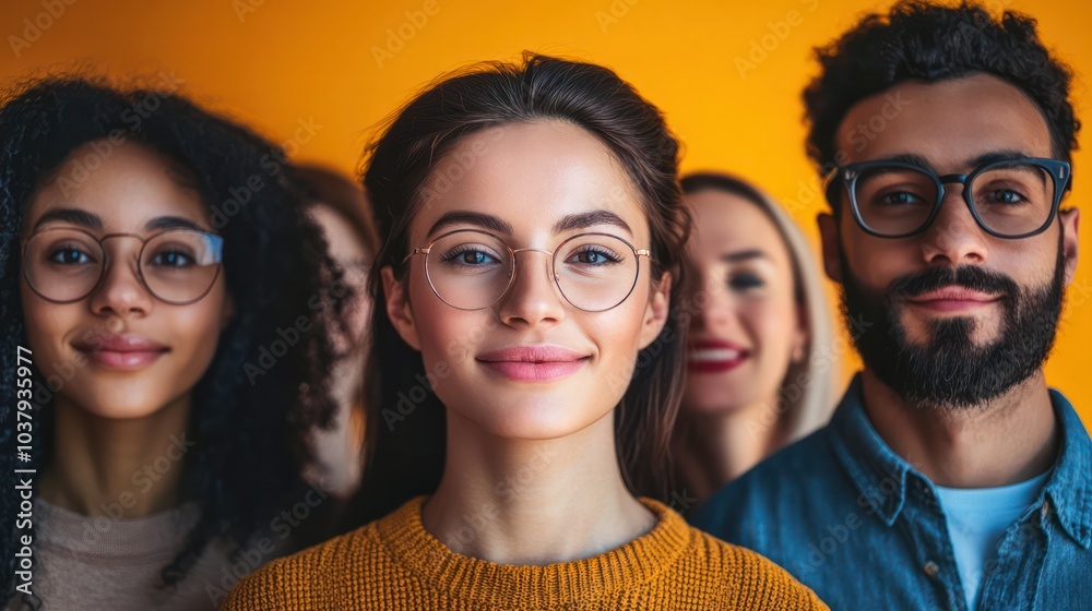 A group of people are standing together, with one woman wearing glasses A group of people are standing together, with one woman wearing glasses