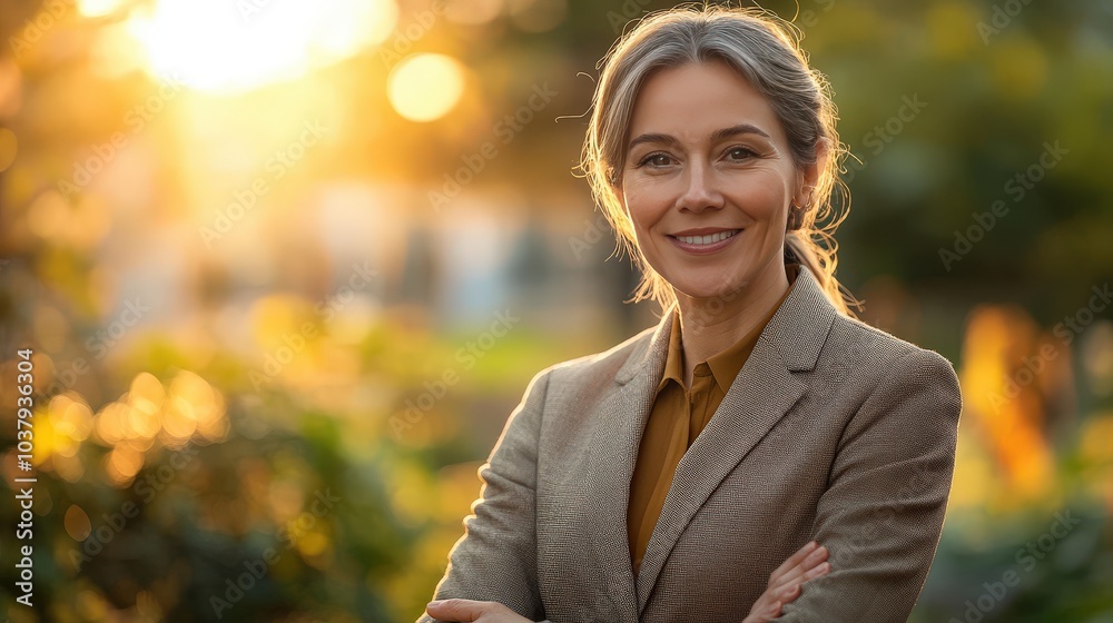 Successful Business Negotiations: Mid-Aged Woman Manager Handshaking with Clients Outdoors at Sunset