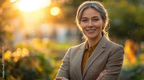 Fototapeta Naklejka Na Ścianę i Meble -  Successful Business Negotiations: Mid-Aged Woman Manager Handshaking with Clients Outdoors at Sunset