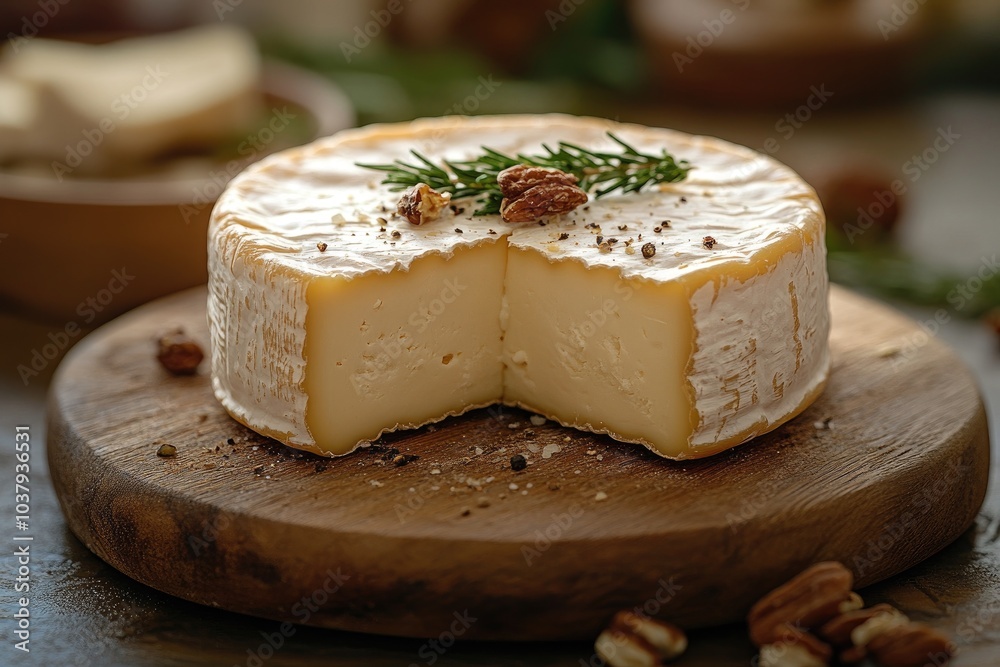 Camembert cheese wheel seasoned with rosemary and peppercorns on rustic wood Camembert cheese wheel seasoned with rosemary and peppercorns on rustic wood