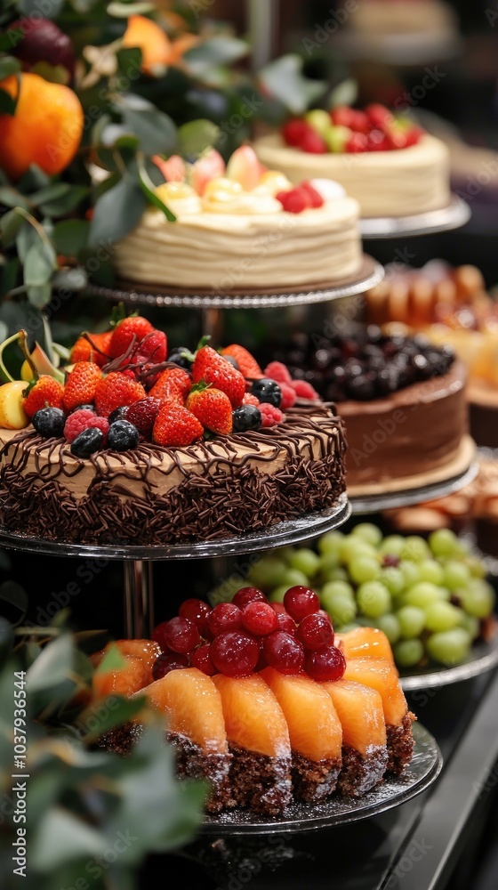 Delicious cakes decorated with fruits displayed on counter in bakery shop Delicious cakes decorated with fruits displayed on counter in bakery shop
