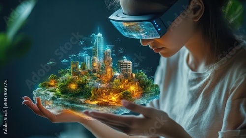 Fototapeta Naklejka Na Ścianę i Meble -  A woman is holding a virtual reality headset and looking at a city