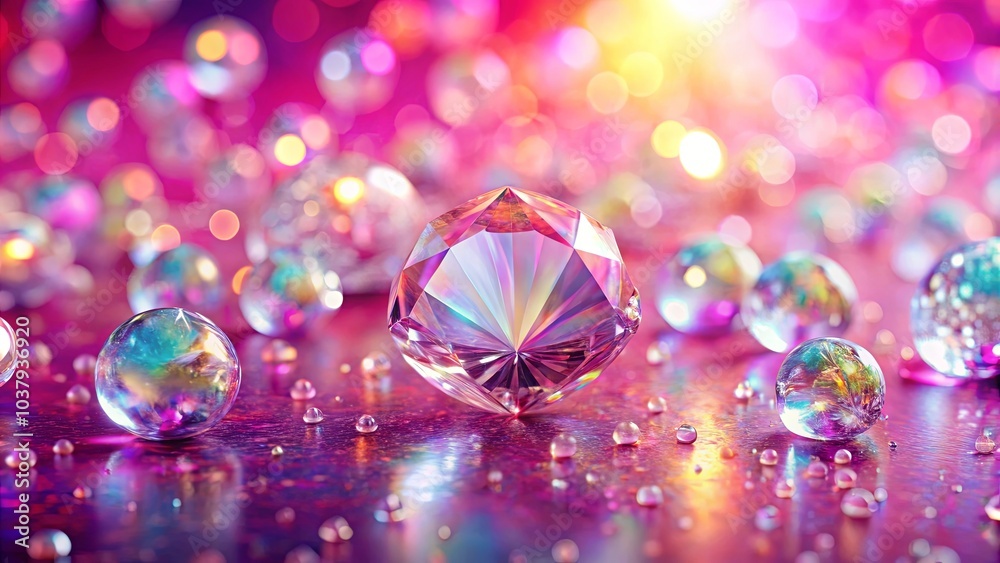 A Single Diamond Among a Scattering of Iridescent Spheres on a Pink Surface with Softly Blurred Lights A Single Diamond Among a Scattering of Iridescent Spheres on a Pink Surface with Softly Blurred Lights