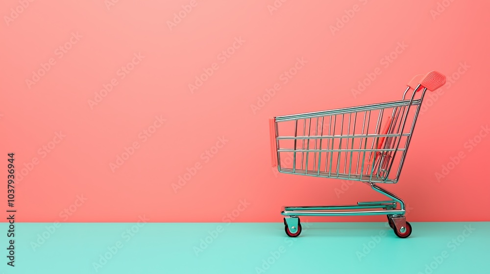 A minimalistic image featuring a shopping cart against a vibrant coral wall and teal floor, suggesting retail and consumer themes. A minimalistic image featuring a shopping cart against a vibrant coral wall and teal floor, suggesting retail and consumer themes.