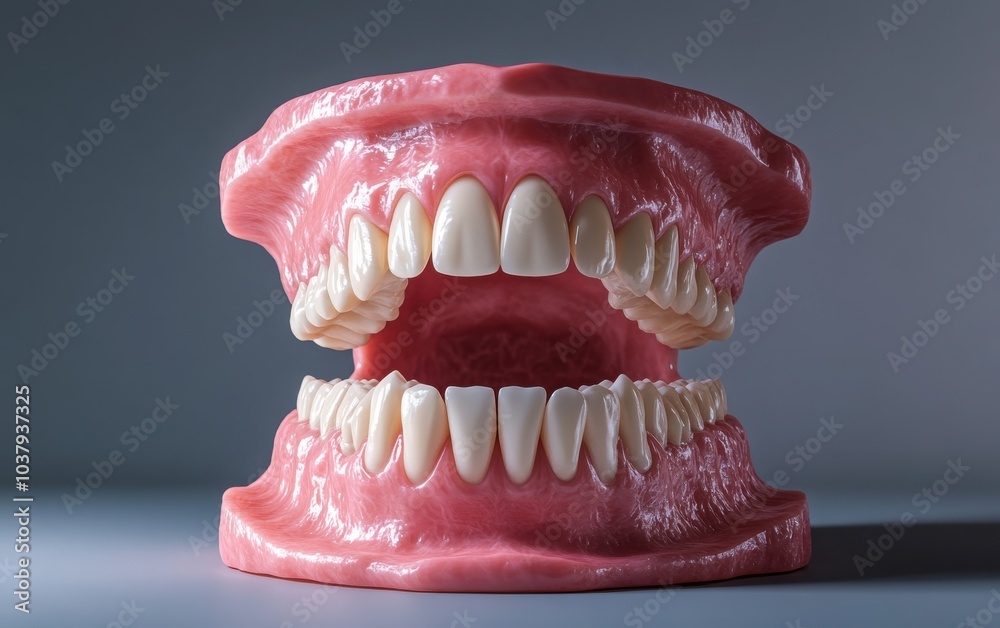 Obraz premium A realistic 3D model of human teeth in an open mouth, featuring a comprehensive view of molars, canines, and incisors, with an emphasis on dental hygiene and health