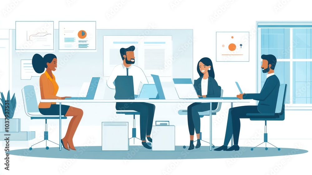 A group of people are sitting around a table in a business setting A group of people are sitting around a table in a business setting