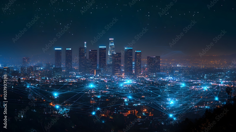 Network and connection technology concept with Downtown Los Angeles at night. Network and connection technology concept with Downtown Los Angeles at night.