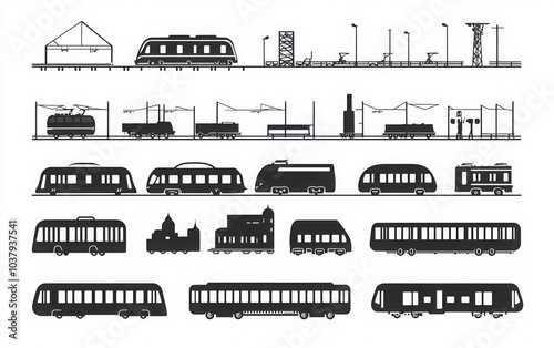 A silhouette icon set representing railway transport, featuring a train, tram, and metro