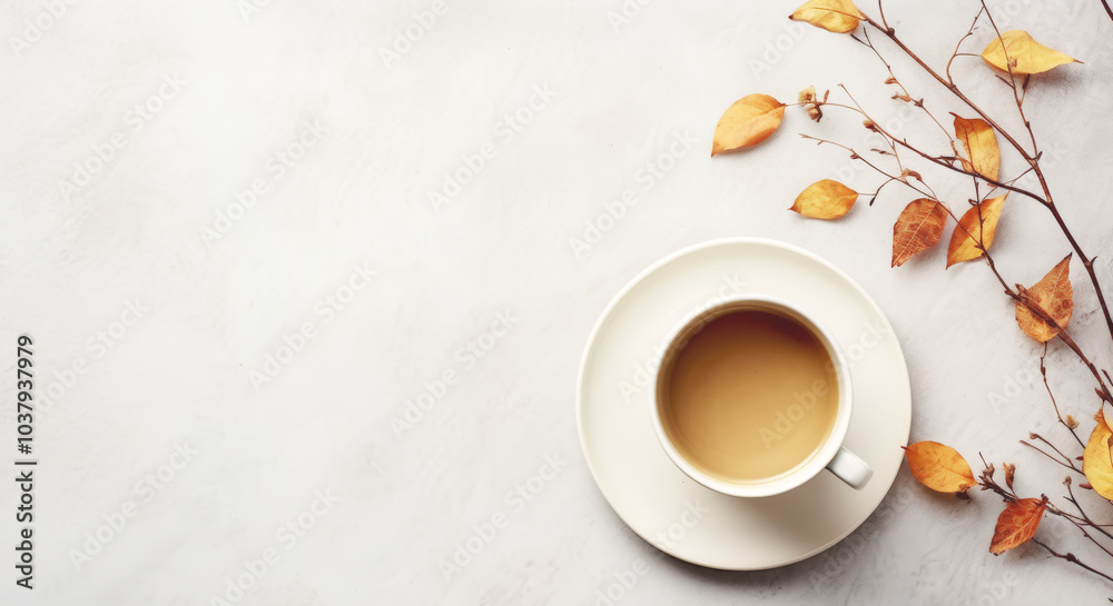 The white tea cup on a saucer, with scattered red and orange leaves The white tea cup on a saucer, with scattered red and orange leaves