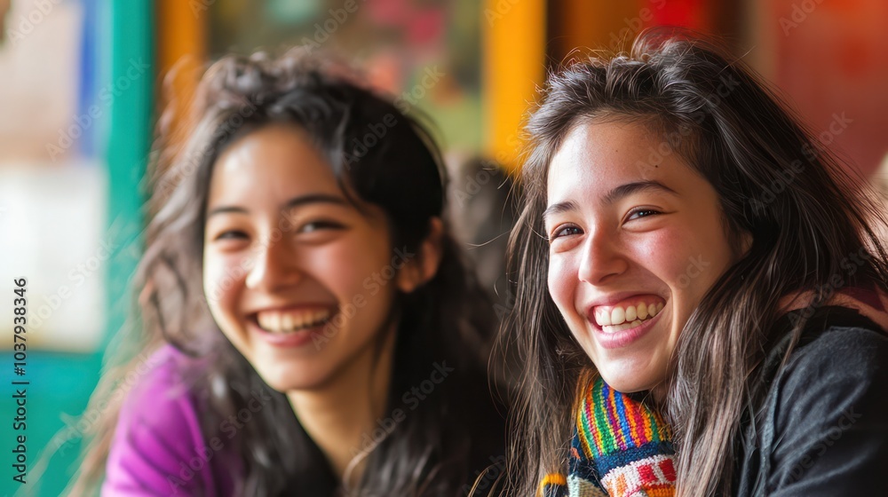 Two women are smiling and laughing together Two women are smiling and laughing together
