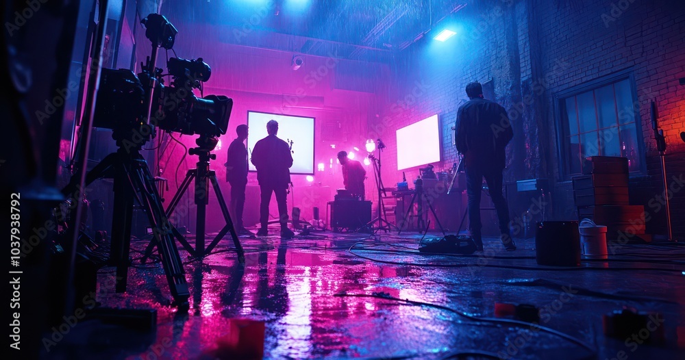 Fototapeta premium Film Crew Working on Set with Dynamic Lighting Effects