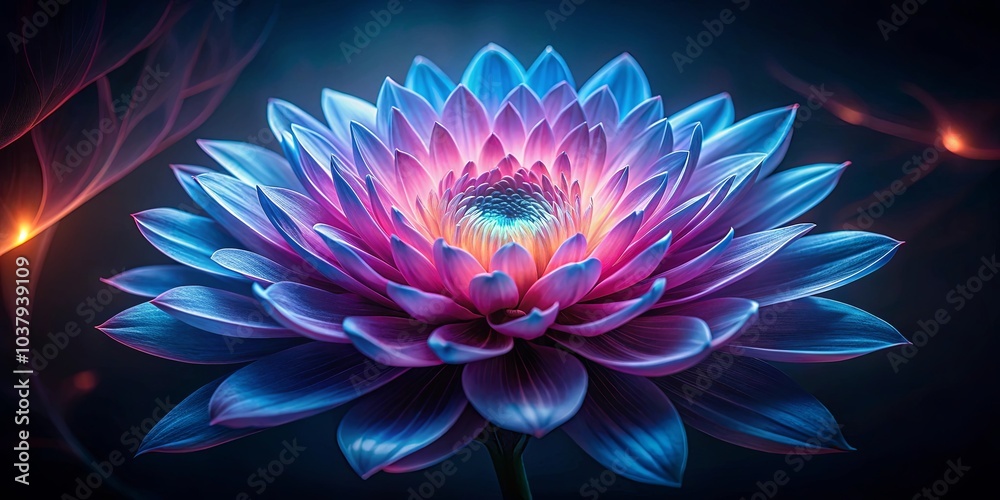 A Single Bloom, Its Petals Unfurling in a Symphony of Blue, Pink, and Yellow Hues, Glowing with an Inner Light Against a Dark Canvas A Single Bloom, Its Petals Unfurling in a Symphony of Blue, Pink, and Yellow Hues, Glowing with an Inner Light Against a Dark Canvas