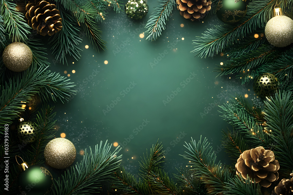 Christmas background with green spruce and ball decoration Christmas background with green spruce and ball decoration