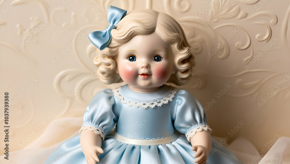 Fototapeta premium Cute doll for baby. Blonde in blue dress and bow, Gnerative.ai