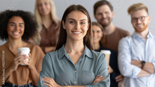 Diverse Business Team Collaboration, Female Leader with Crossed Arms, Teamwork and Retraining Symbolism photo