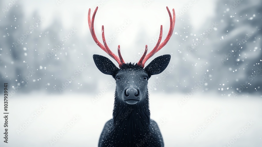 Sleek black reindeer with red antlers in a snowy landscape, 3D illustration Sleek black reindeer with red antlers in a snowy landscape, 3D illustration