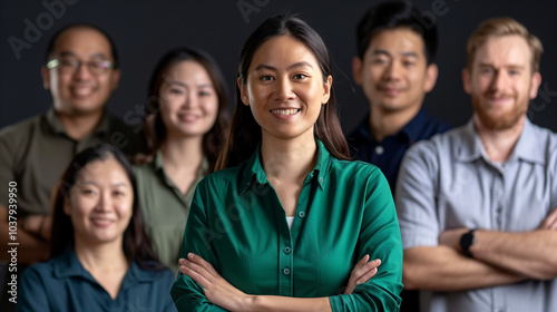 Diverse Business Team Collaboration, Female Leader with Crossed Arms, Teamwork and Retraining Symbolism